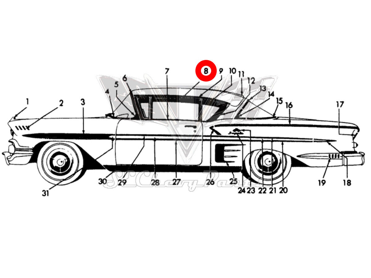 1958 Chevy Impala 2Door Hardtop Lower Roof Rail Weatherstrip Trim Mol